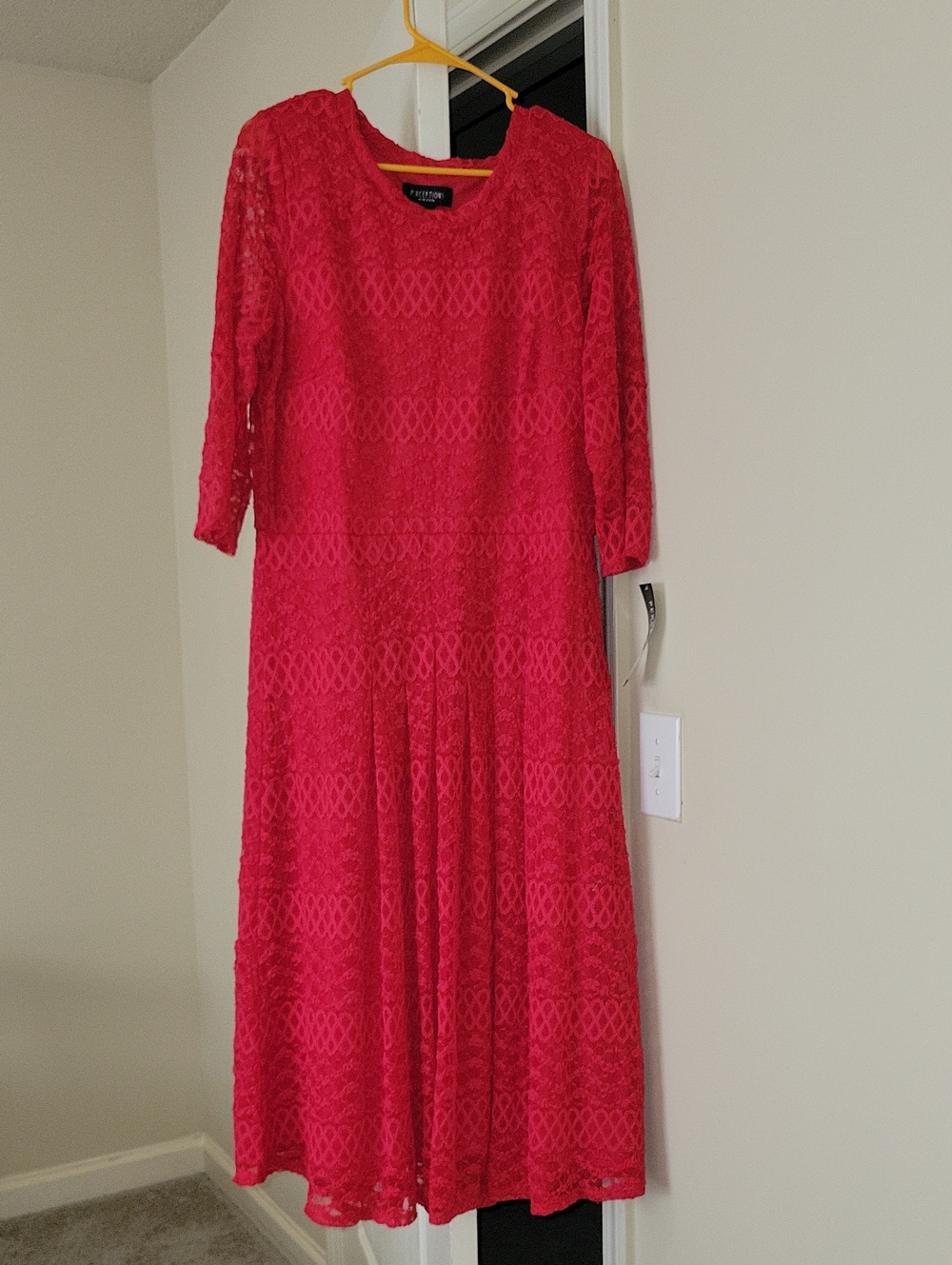 Taylor Dresses Red Lace Long-Sleeve Midi Dress